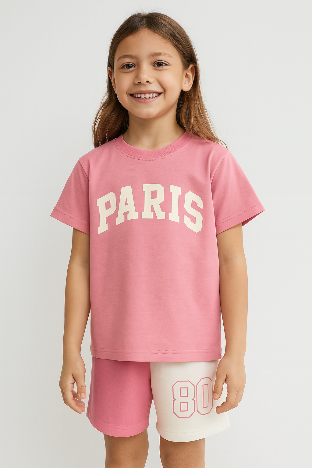 Pembe Paris Baskılı Şortlu Takım