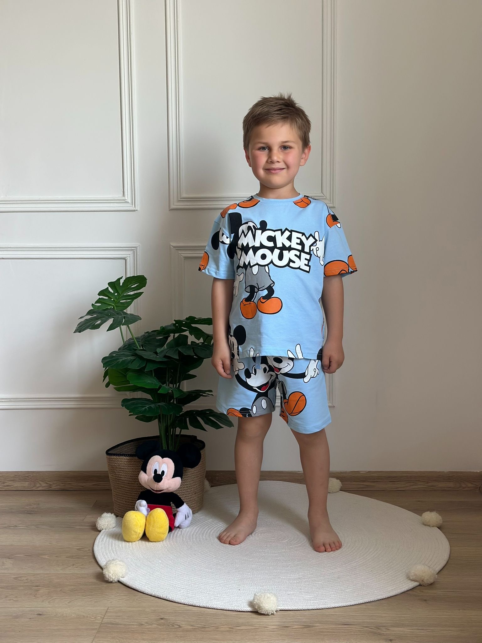 Açık Mavi Mickey Figür Baskılı Şortlu Takım