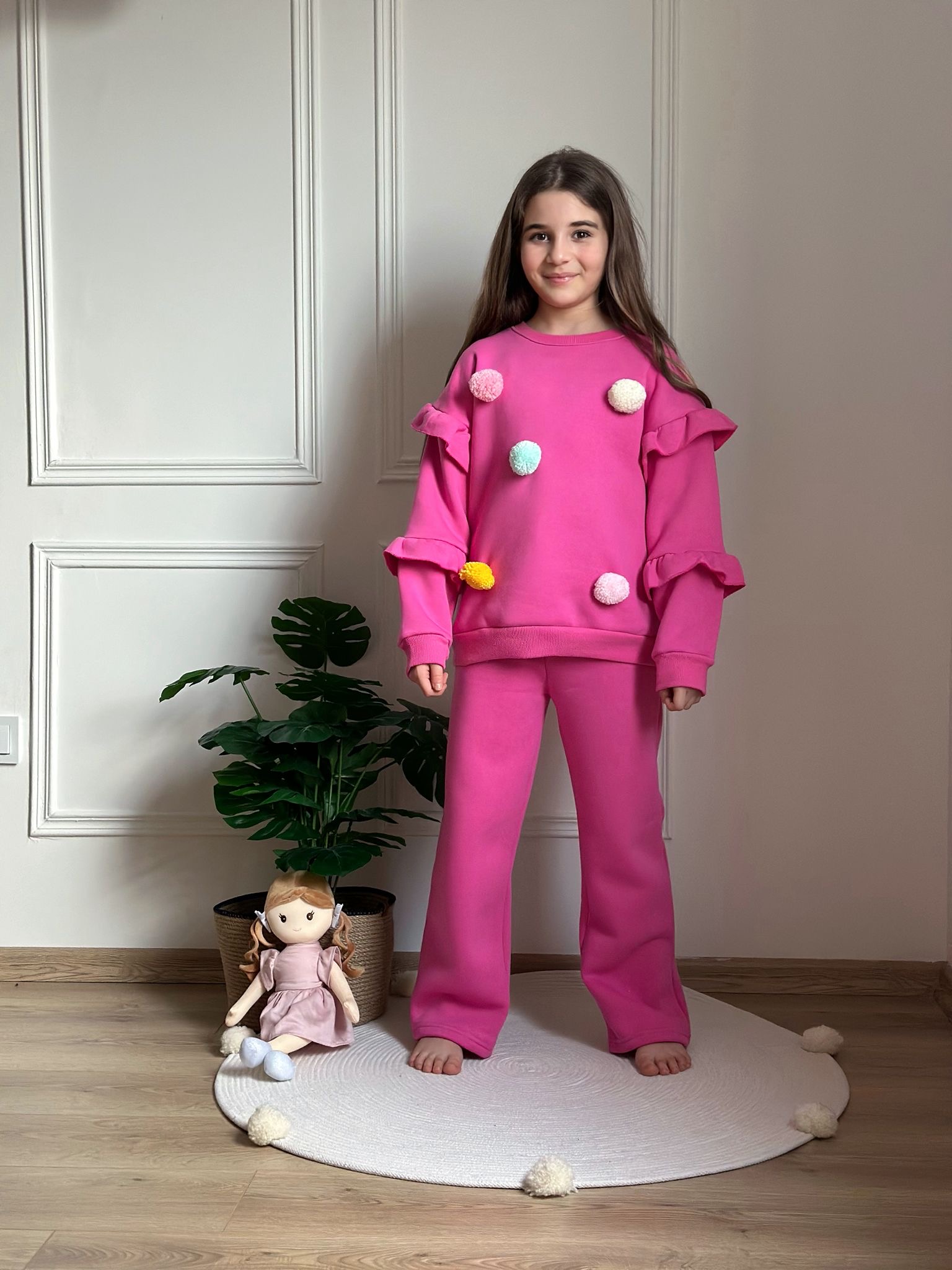 Koyu Pembe Ponpon Detaylı Eşofman Takımı
