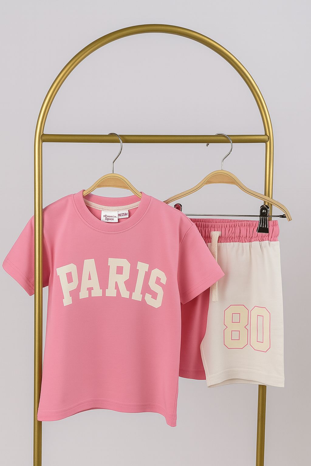 Pembe Paris Baskılı Şortlu Takım