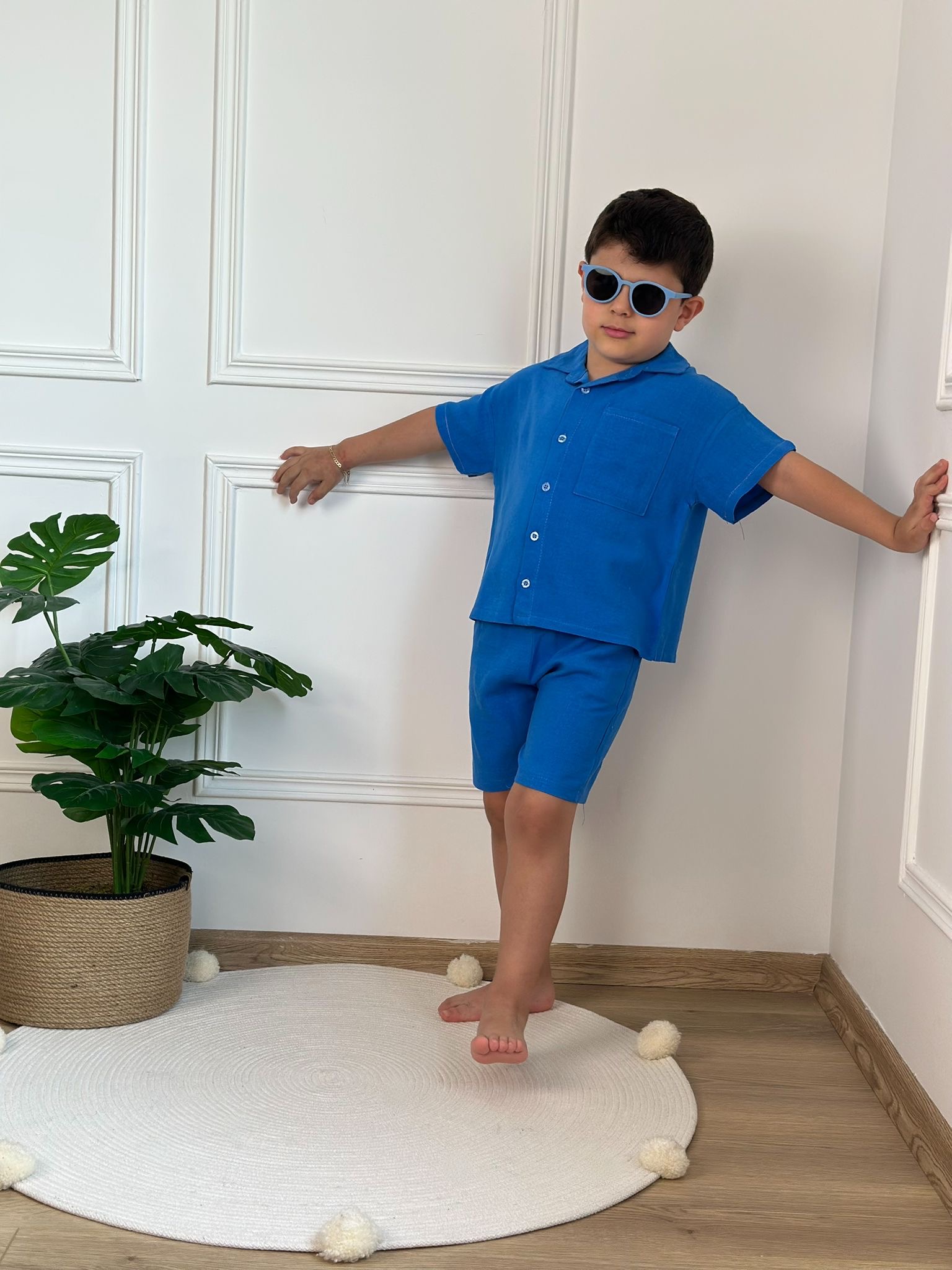 Mavi Keten Şortlu Takim