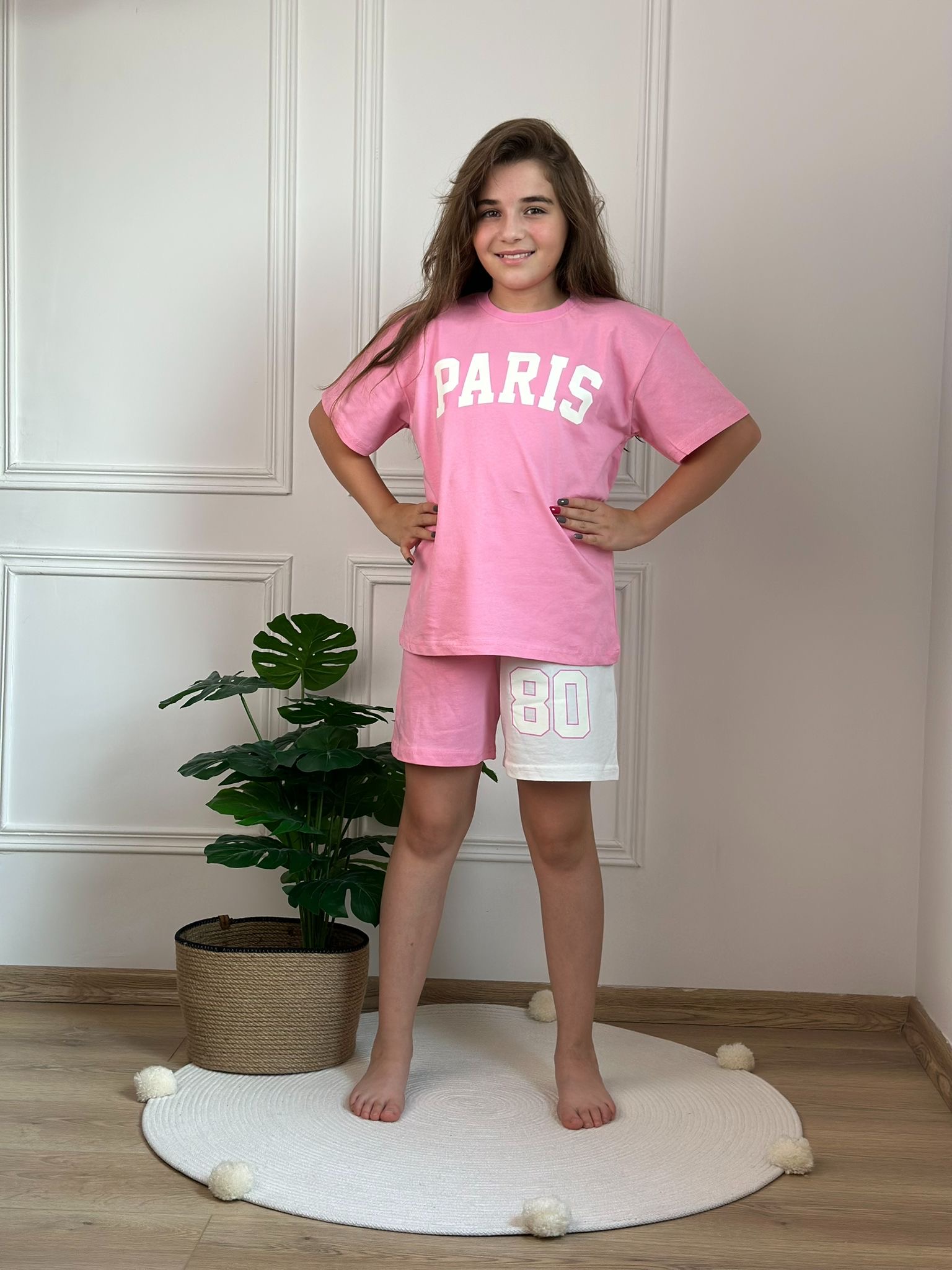 Pembe Paris Baskılı Şortlu Takım