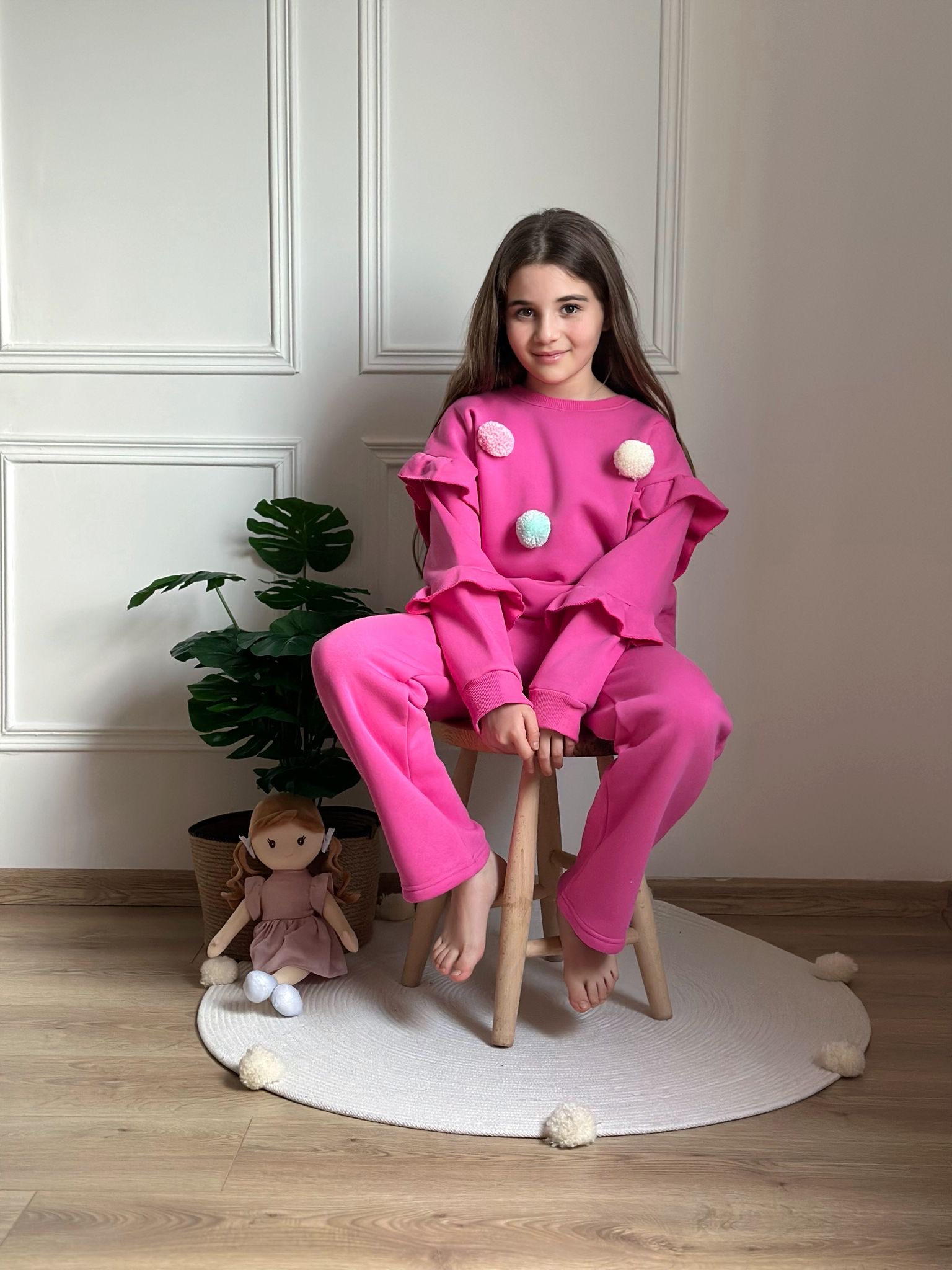 Koyu Pembe Ponpon Detaylı Eşofman Takımı