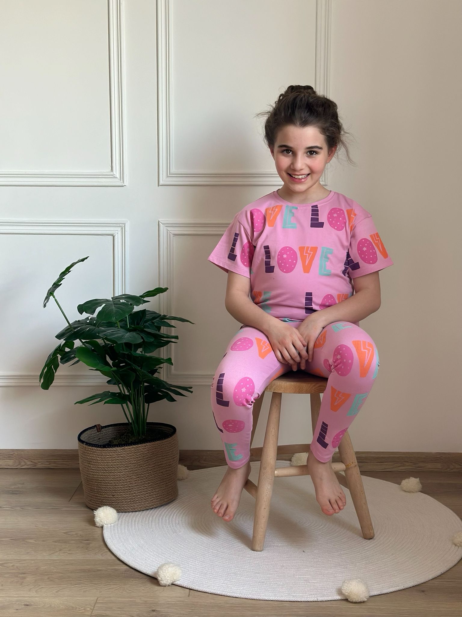 Pembe Love Baskılı Taytlı Takım