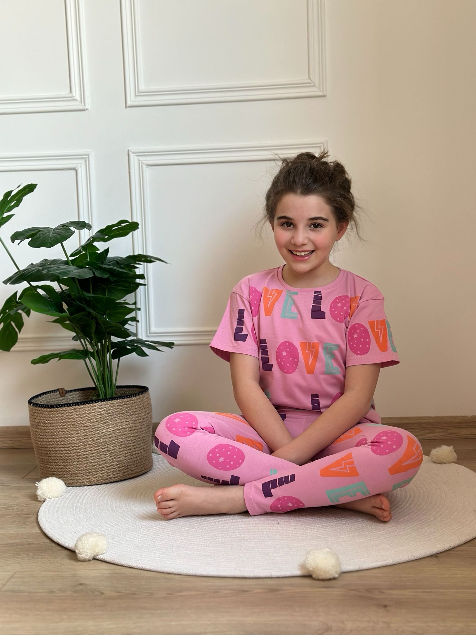 Pembe Love Baskılı Taytlı Takım