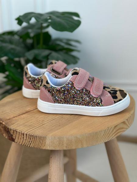 %100 Deri, Pembe Leopar Ve Yaldız Detaylı Ortopedik Taban Sneaker