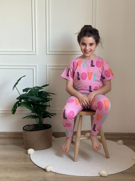 Pembe Love Baskılı Taytlı Takım
