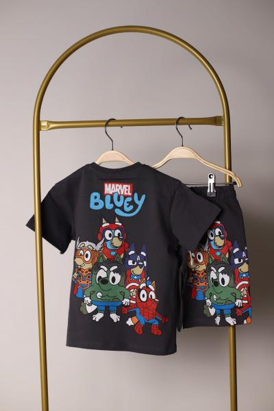 Siyah Marvel Bluey Figürlü Şortlu Takım