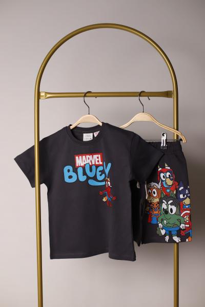 Siyah Marvel Bluey Figürlü Şortlu Takım