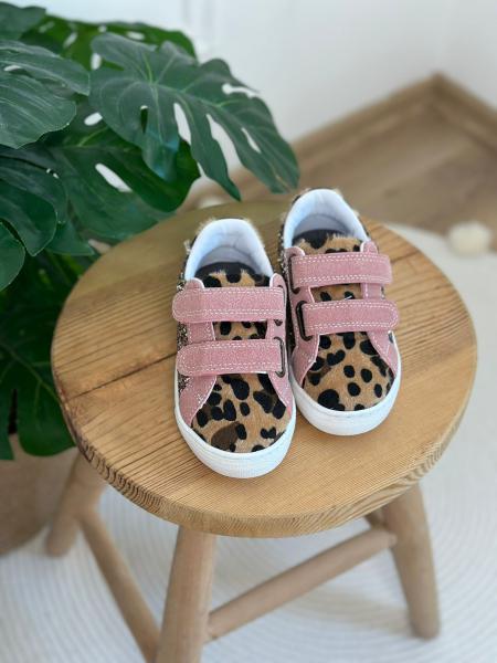 %100 Deri, Pembe Leopar Ve Yaldız Detaylı Ortopedik Taban Sneaker